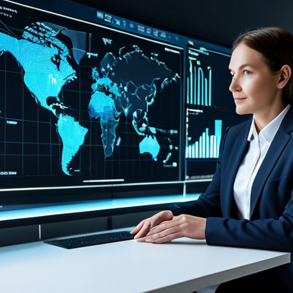 A professional businesswoman, mid-30s, in a modest, contemporary business suit, seated at a sleek, minimalist desk. She interacts with a sophisticated holographic interface displaying complex data visualizations and predictive analytics. Her hands are naturally posed above the glowing projections. The background is a clean, modern tech office with subtle futuristic elements, hinting at advanced AI integration, bathed in soft, ambient lighting. professional photography, high resolution, perfect anatomy, correct proportions, natural pose, well-formed hands, proper finger count, natural body proportions, fully clothed, modest clothing, appropriate attire, professional dress, safe for work, appropriate content, family-friendly.
