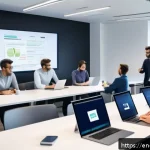 Home 17 디지털 마케팅 직무별 차이점 - A modern digital marketing office scene featuring a diverse team of professionals collaborating arou...