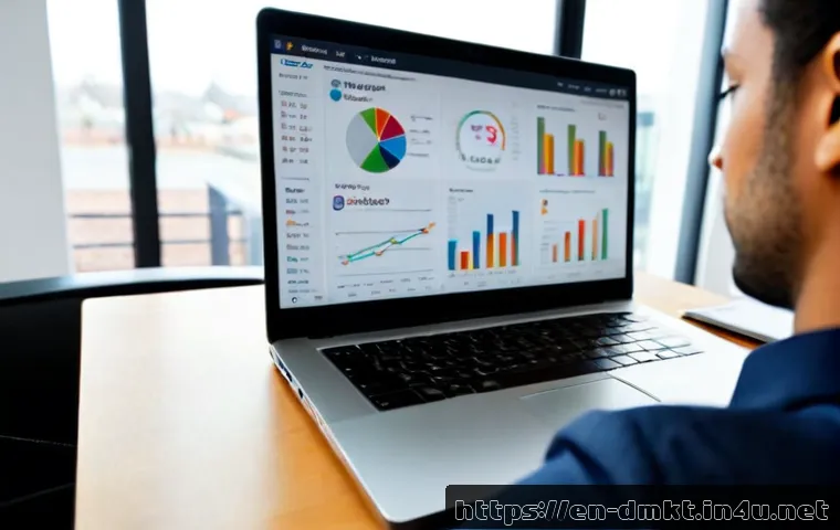 Home 15 구글 애널리틱스 데이터 분석 팁 - Photorealistic modern home office, a focused business analyst reviewing a clean web analytics dashbo...